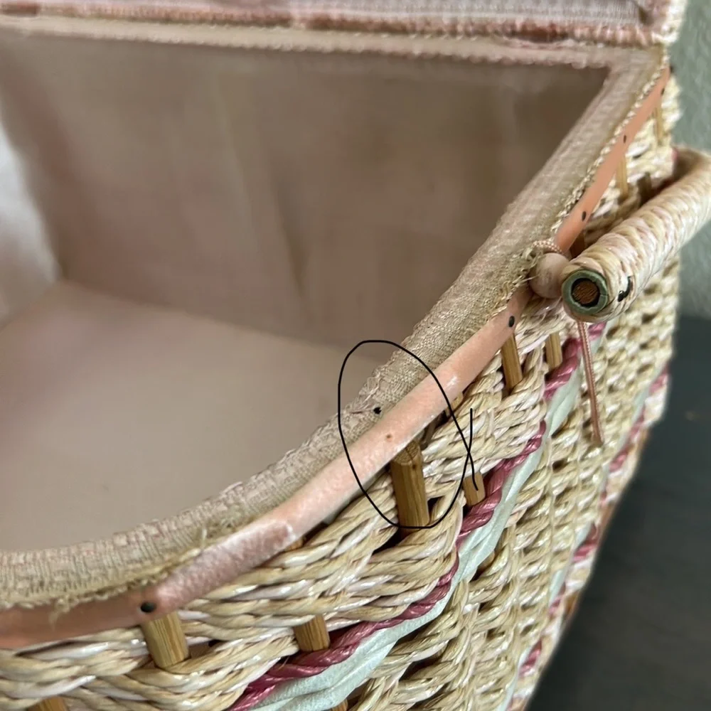 Vintage Sewing Basket Large Pink Rattan Original Clear Tray for Penny’s in Japan